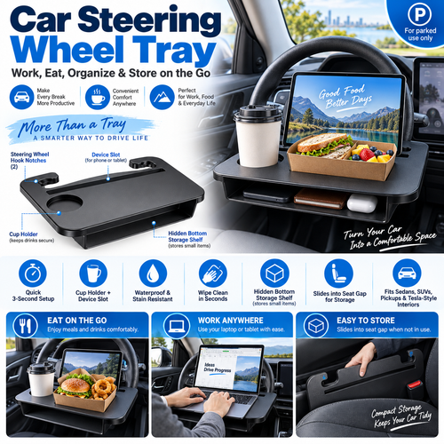 Dolovira 2-in-1 Car Steering Wheel Tray & Seat Gap Filler